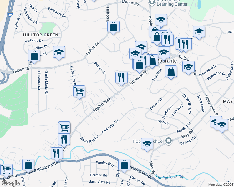 map of restaurants, bars, coffee shops, grocery stores, and more near 4750 Appian Way in El Sobrante