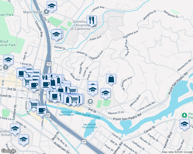 map of restaurants, bars, coffee shops, grocery stores, and more near 49 Valencia Avenue in San Rafael