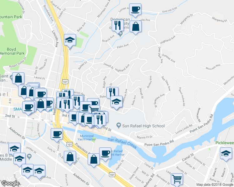map of restaurants, bars, coffee shops, grocery stores, and more near 123 Park Street in San Rafael