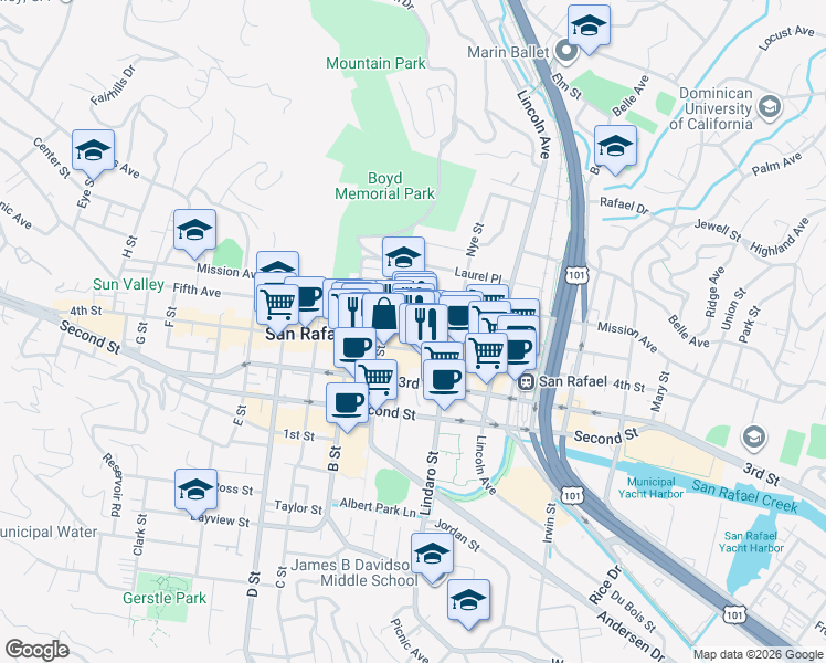 map of restaurants, bars, coffee shops, grocery stores, and more near 1050 Court Street in San Rafael