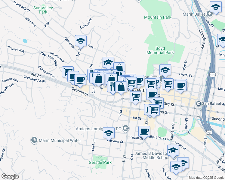 map of restaurants, bars, coffee shops, grocery stores, and more near 1540 4th Street in San Rafael