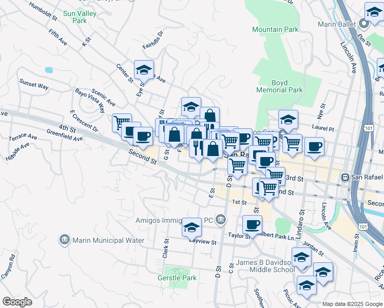 map of restaurants, bars, coffee shops, grocery stores, and more near 1540 4th Street in San Rafael