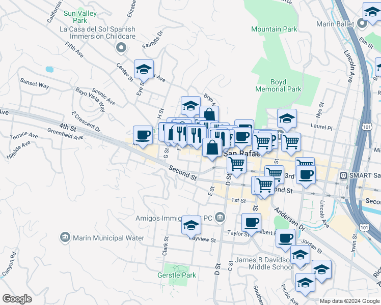 map of restaurants, bars, coffee shops, grocery stores, and more near 1540 4th Street in San Rafael