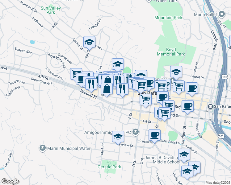 map of restaurants, bars, coffee shops, grocery stores, and more near 1604 4th Street in San Rafael