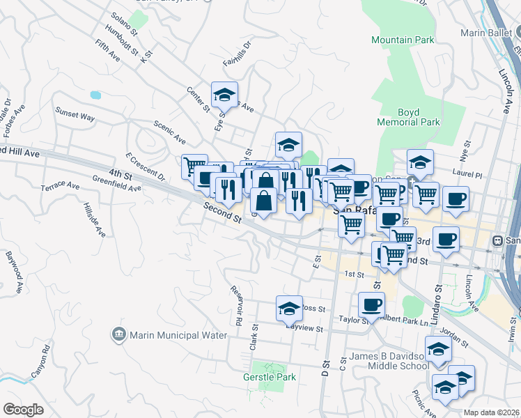 map of restaurants, bars, coffee shops, grocery stores, and more near 1604 4th Street in San Rafael