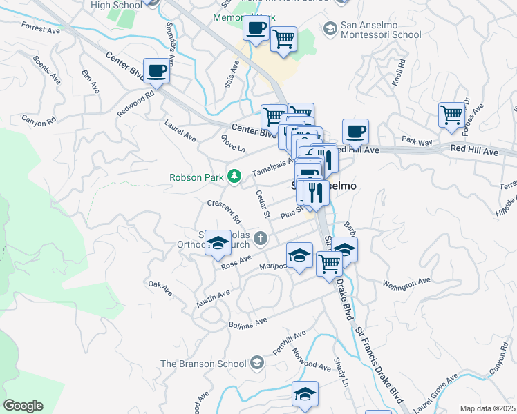 map of restaurants, bars, coffee shops, grocery stores, and more near 192 Tunstead Avenue in San Anselmo