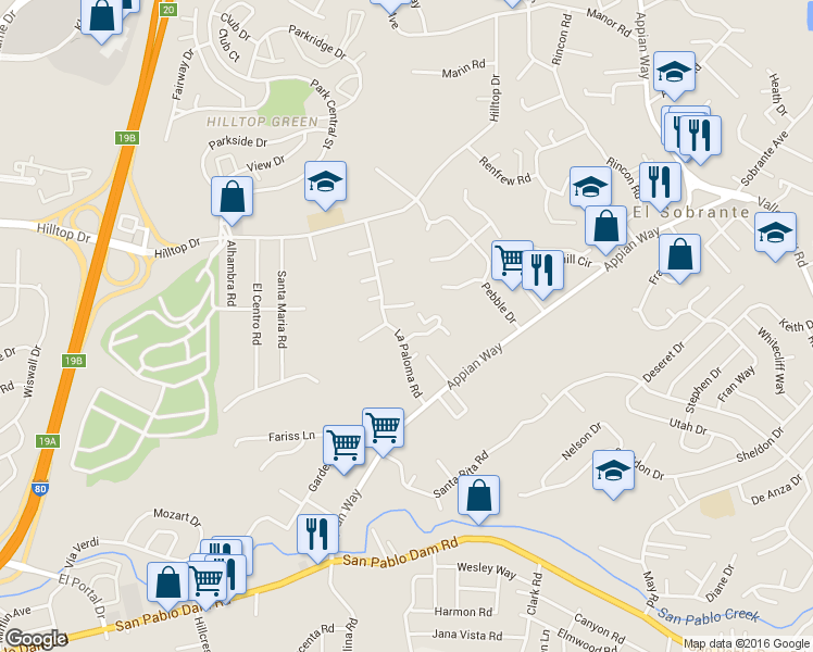 map of restaurants, bars, coffee shops, grocery stores, and more near 534 La Paloma Road in El Sobrante