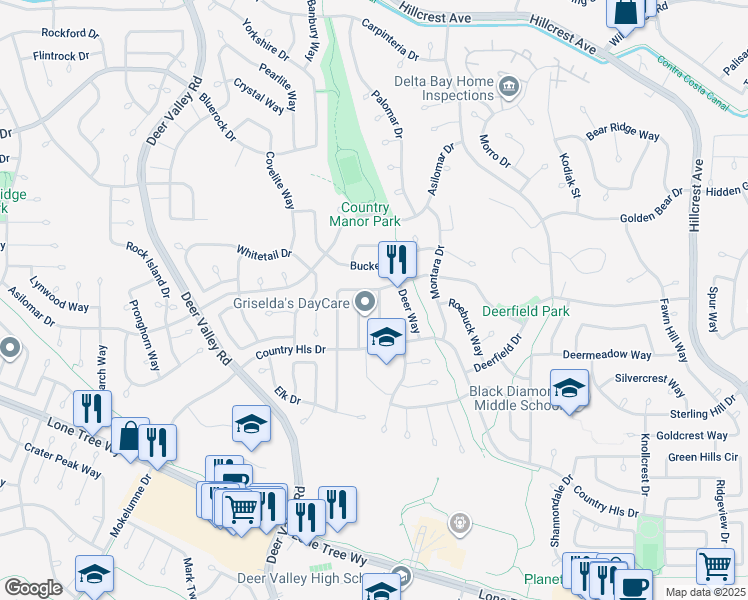map of restaurants, bars, coffee shops, grocery stores, and more near 4506 Steed Way in Antioch