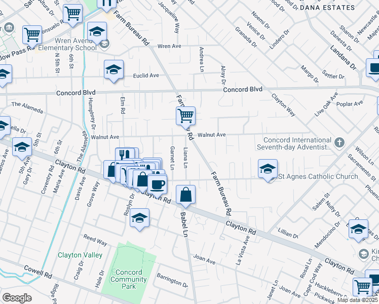 map of restaurants, bars, coffee shops, grocery stores, and more near 1674 Liana Lane in Concord