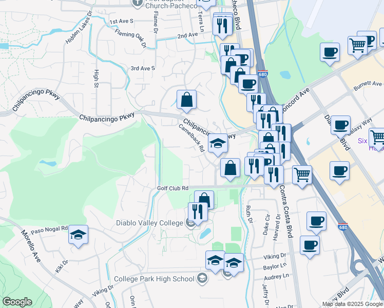 map of restaurants, bars, coffee shops, grocery stores, and more near in Pleasant Hill