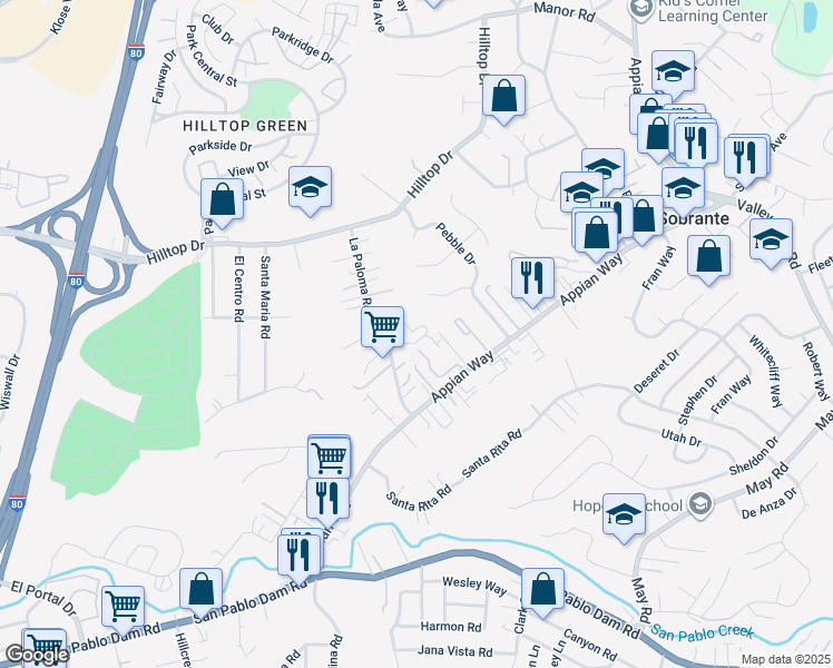 map of restaurants, bars, coffee shops, grocery stores, and more near 537 Chabre Court in El Sobrante