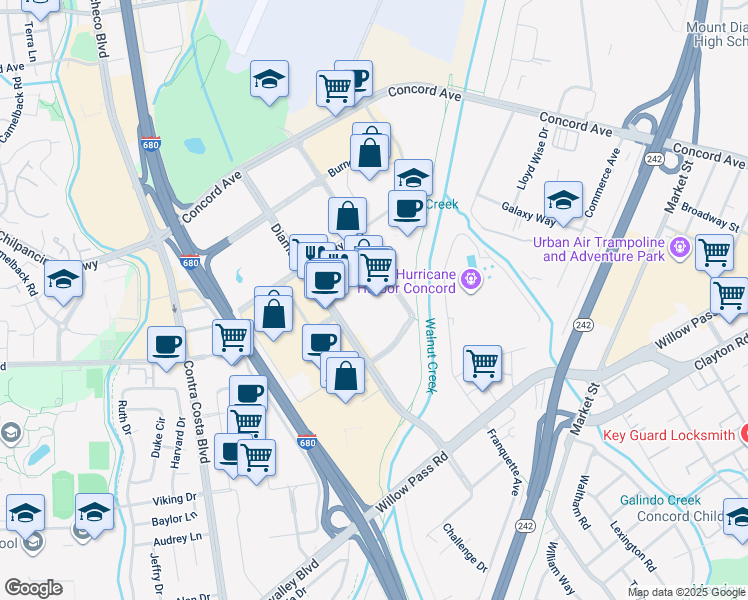 map of restaurants, bars, coffee shops, grocery stores, and more near 2030 Diamond Boulevard in Concord