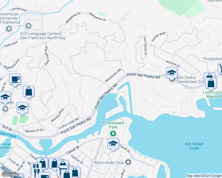 map of restaurants, bars, coffee shops, grocery stores, and more near Point San Pedro Rd & Summit Ave in San Rafael