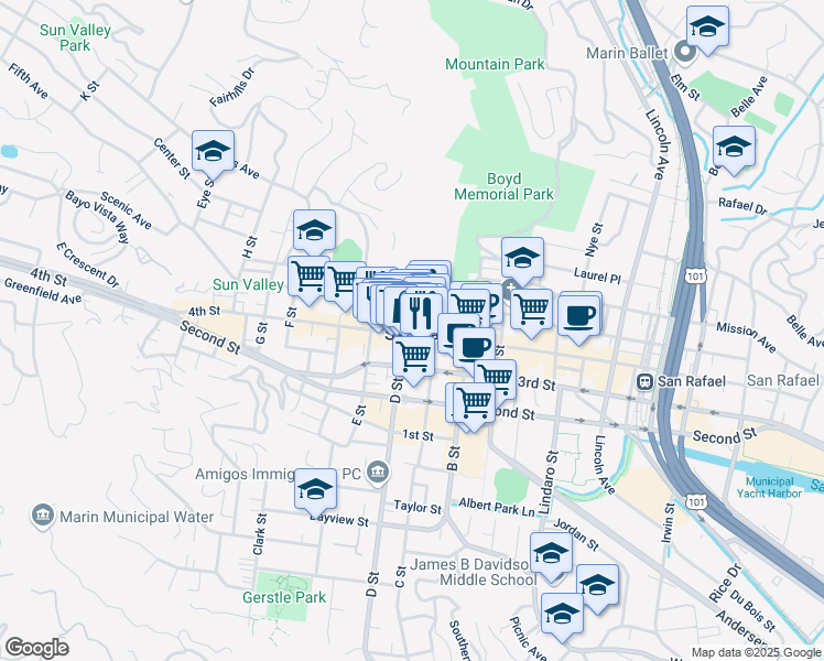 map of restaurants, bars, coffee shops, grocery stores, and more near 1040 D Street in San Rafael