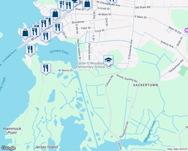 map of restaurants, bars, coffee shops, grocery stores, and more near 281 Woodson School Road in Crisfield