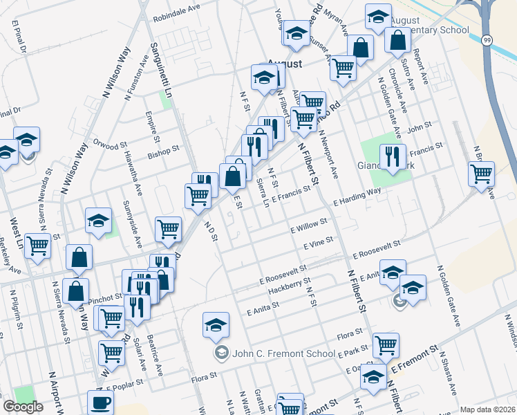 map of restaurants, bars, coffee shops, grocery stores, and more near 1511 Belvedere Avenue in Stockton
