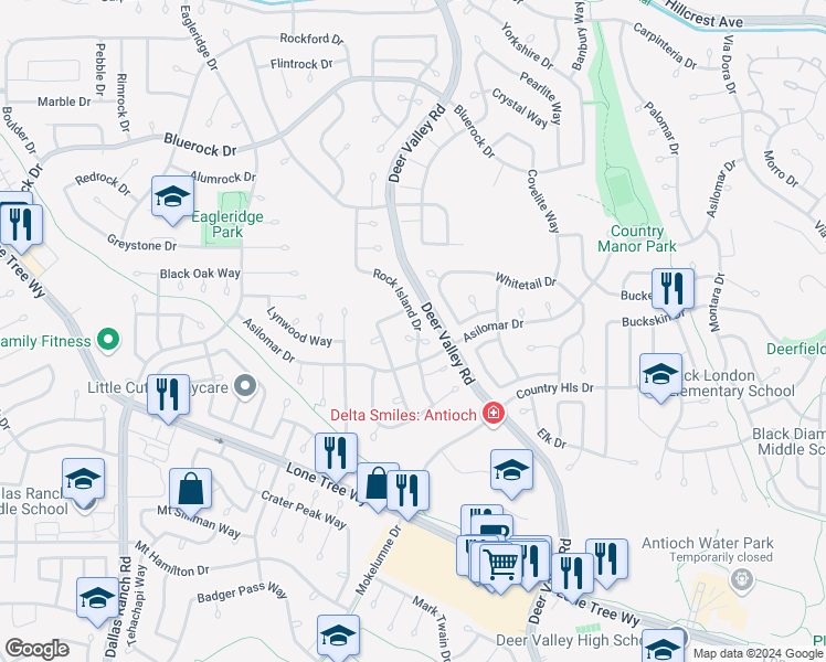 map of restaurants, bars, coffee shops, grocery stores, and more near 4466 Rock Island Drive in Antioch