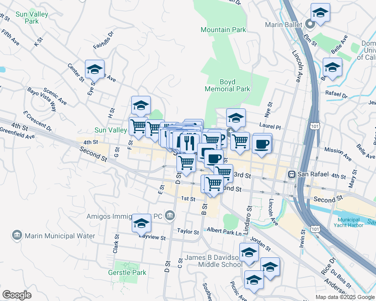 map of restaurants, bars, coffee shops, grocery stores, and more near 1040 D Street in San Rafael