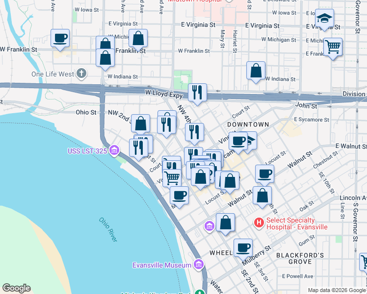 map of restaurants, bars, coffee shops, grocery stores, and more near 318 Northwest 320 Third Street in Evansville