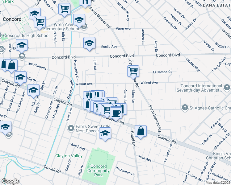 map of restaurants, bars, coffee shops, grocery stores, and more near 3479 Rose Court in Concord