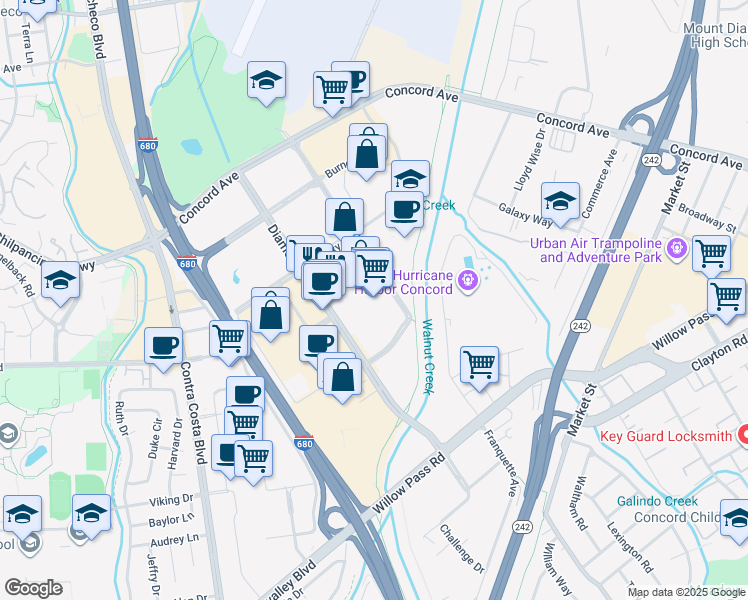 map of restaurants, bars, coffee shops, grocery stores, and more near 2030 Diamond Boulevard in Concord