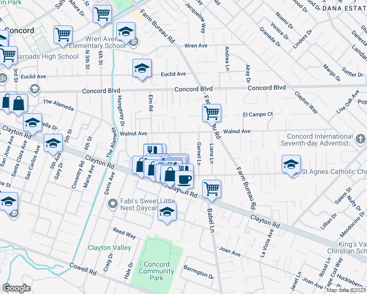 map of restaurants, bars, coffee shops, grocery stores, and more near 3479 Rose Court in Concord