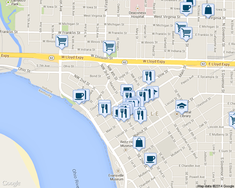 map of restaurants, bars, coffee shops, grocery stores, and more near 315 Court Street in Evansville
