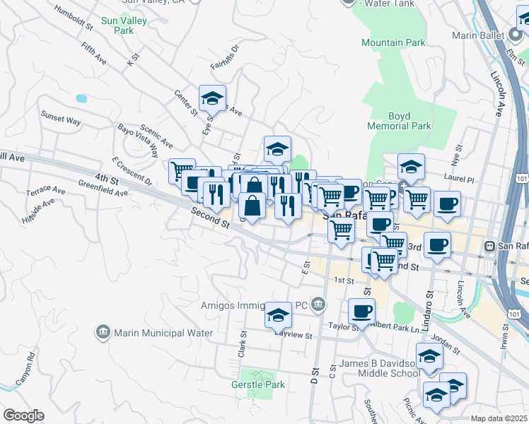 map of restaurants, bars, coffee shops, grocery stores, and more near 1604 4th Street in San Rafael