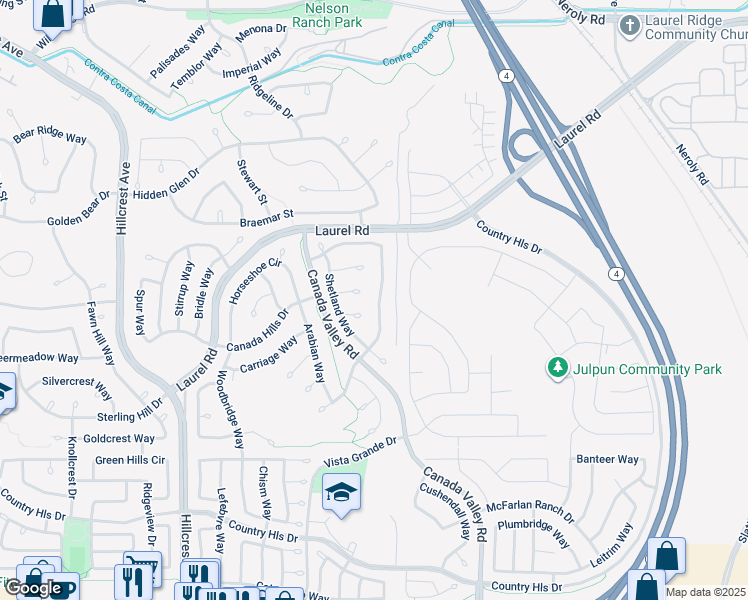 map of restaurants, bars, coffee shops, grocery stores, and more near 4641 Palomino Way in Antioch