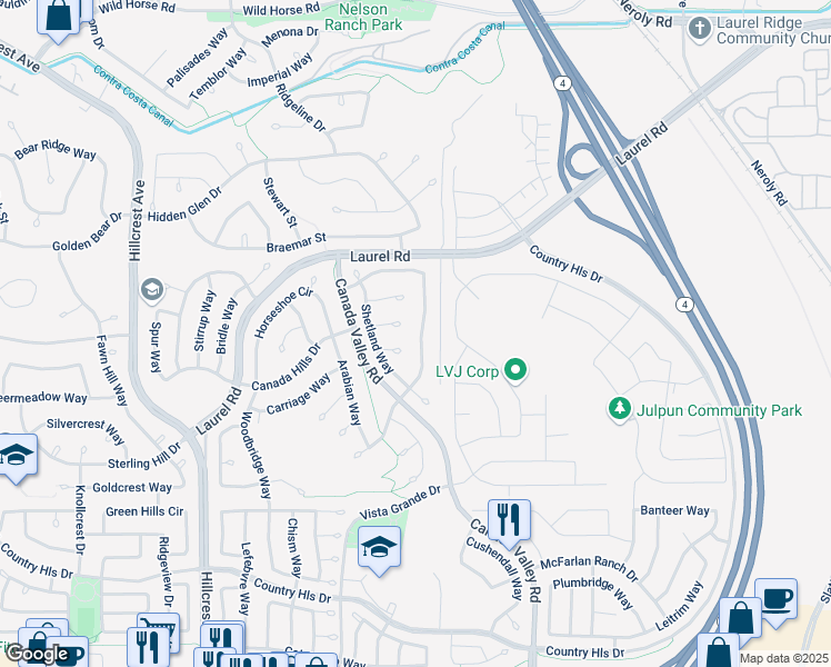 map of restaurants, bars, coffee shops, grocery stores, and more near 4641 Palomino Way in Antioch