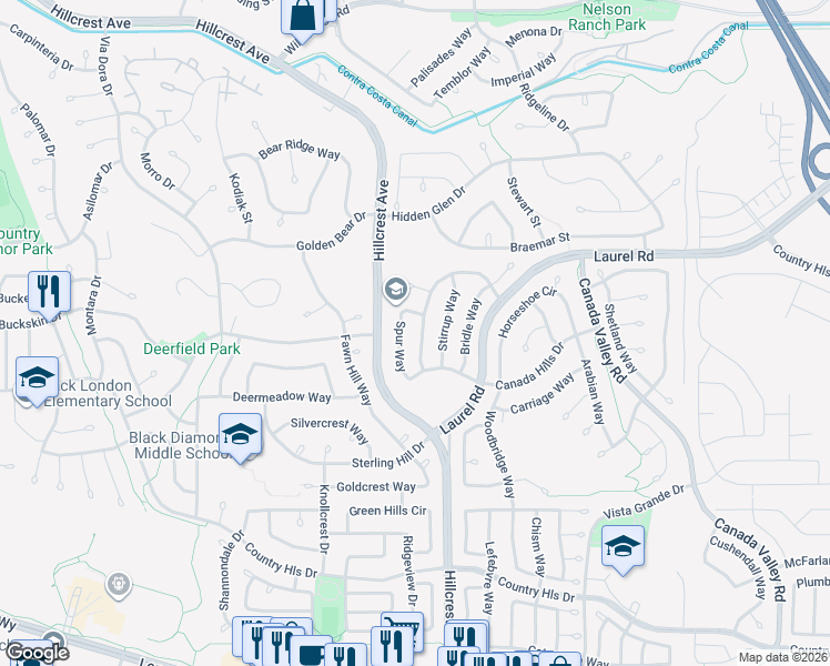 map of restaurants, bars, coffee shops, grocery stores, and more near 4968 Kushner Way in Antioch