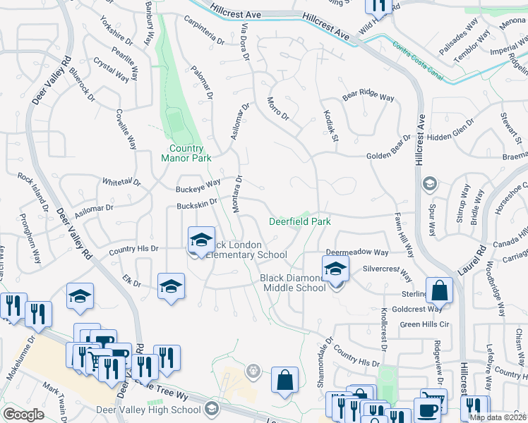 map of restaurants, bars, coffee shops, grocery stores, and more near 4524 Buckskin Drive in Antioch
