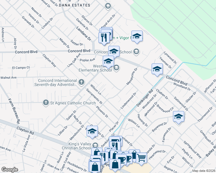 map of restaurants, bars, coffee shops, grocery stores, and more near 2407 Wardlow Lane in Concord