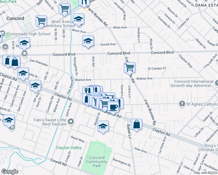 map of restaurants, bars, coffee shops, grocery stores, and more near 1689 Roseland Drive in Concord
