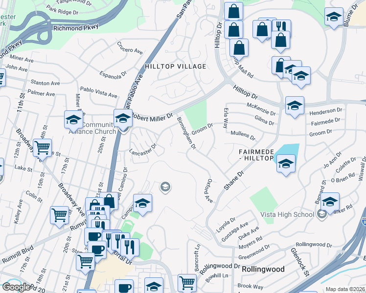 map of restaurants, bars, coffee shops, grocery stores, and more near 3085 Birmingham Drive in Richmond
