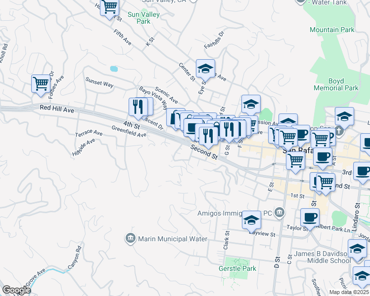 map of restaurants, bars, coffee shops, grocery stores, and more near 1871 West End Avenue in San Rafael