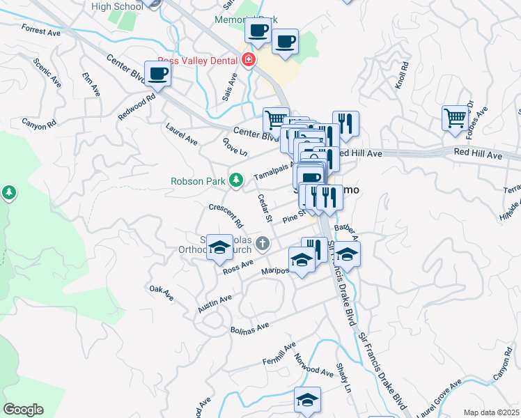 map of restaurants, bars, coffee shops, grocery stores, and more near 192 Tunstead Avenue in San Anselmo