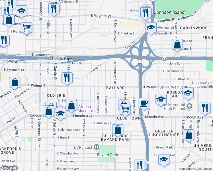 map of restaurants, bars, coffee shops, grocery stores, and more near 312 South Grand Avenue in Evansville