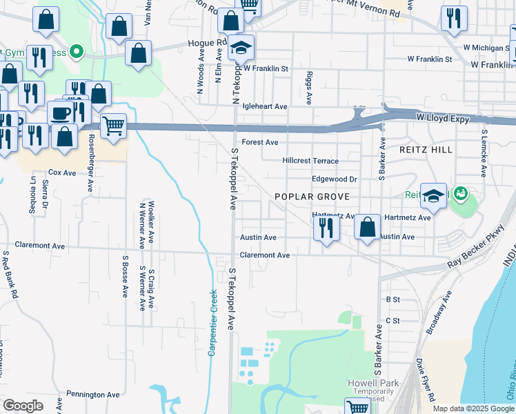 map of restaurants, bars, coffee shops, grocery stores, and more near 3409 Marion Avenue in Evansville