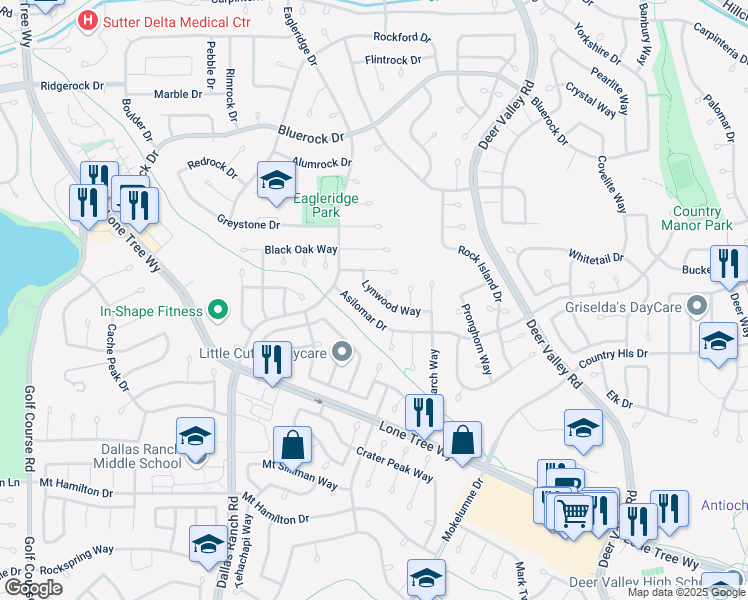 map of restaurants, bars, coffee shops, grocery stores, and more near 2026 Lynwood Way in Antioch