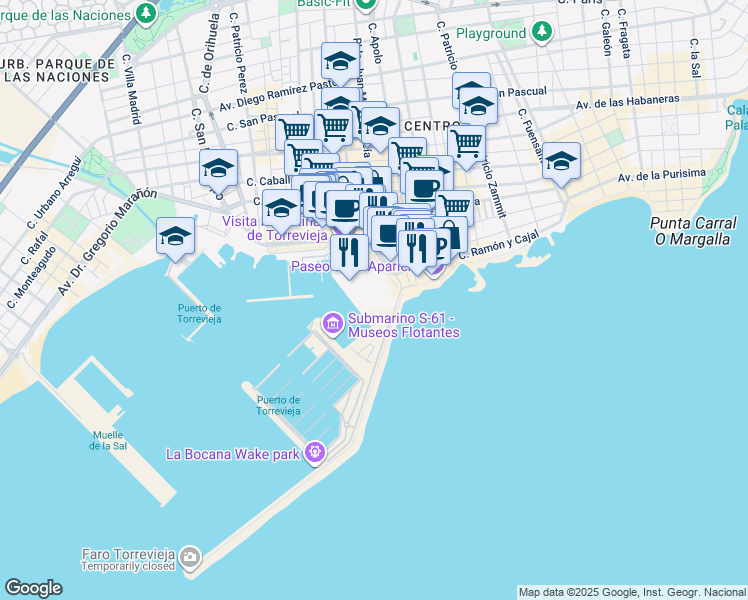 map of restaurants, bars, coffee shops, grocery stores, and more near Paseo de la Libertad in Torrevieja