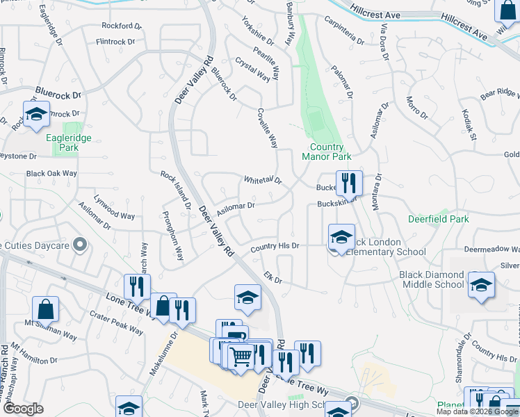 map of restaurants, bars, coffee shops, grocery stores, and more near 2420 Asilomar Drive in Antioch