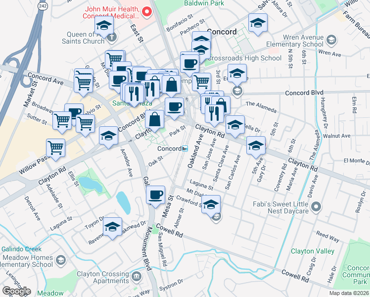 map of restaurants, bars, coffee shops, grocery stores, and more near 1451 Oakland Avenue in Concord