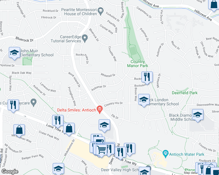 map of restaurants, bars, coffee shops, grocery stores, and more near 2420 Asilomar Drive in Antioch