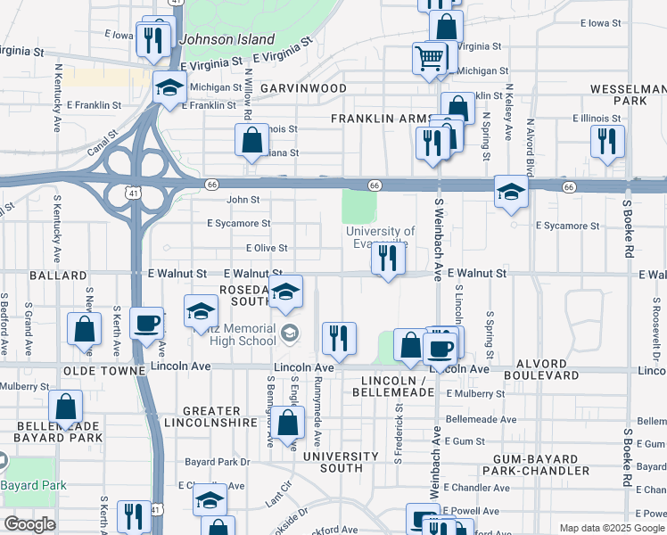 map of restaurants, bars, coffee shops, grocery stores, and more near 1702 East Walnut Street in Evansville