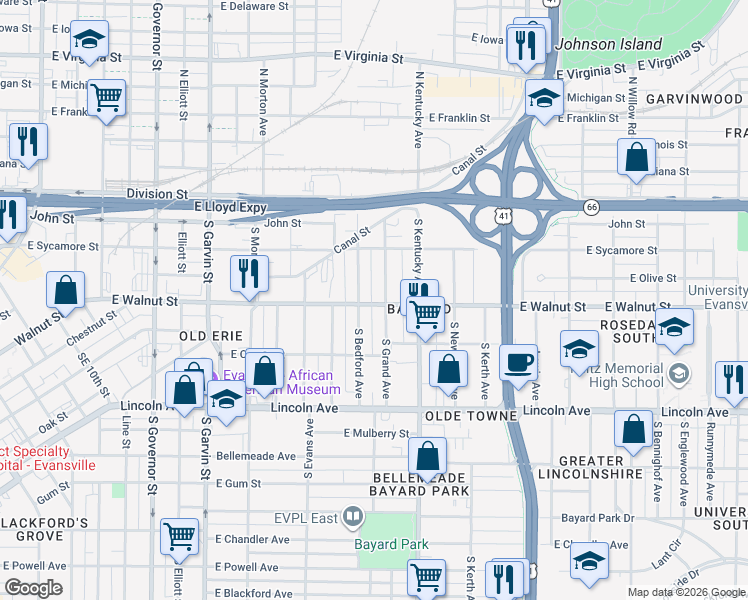 map of restaurants, bars, coffee shops, grocery stores, and more near 312 South Grand Avenue in Evansville