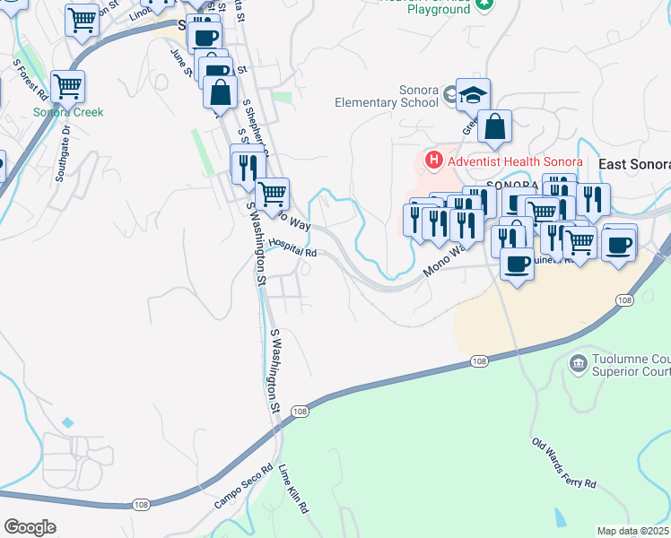 map of restaurants, bars, coffee shops, grocery stores, and more near 241 Hospital Road in Sonora