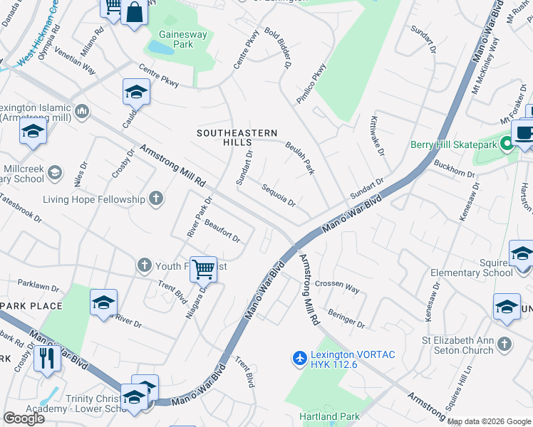 map of restaurants, bars, coffee shops, grocery stores, and more near 3632 Sundart Drive in Lexington