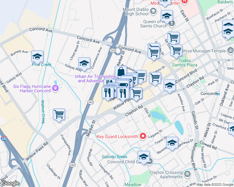 map of restaurants, bars, coffee shops, grocery stores, and more near 1675 Willow Pass Road in Concord
