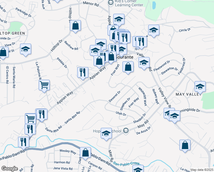 map of restaurants, bars, coffee shops, grocery stores, and more near 3070 Sun Court in Richmond